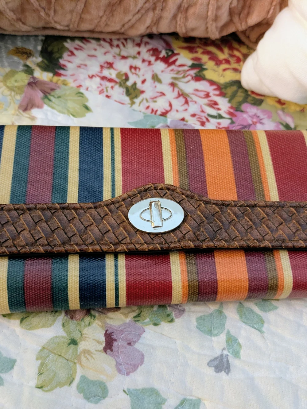 Striped Multicolor Women’s Trifold Wallet with Brown Trim